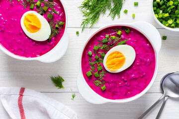 Cold summer soup from fresh young beetroot and cucumbers with kefir with egg