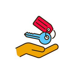 Hand holding keys color line icon. Rental service. Pictogram for web, mobile app, promo. UI UX design element. Editable stroke