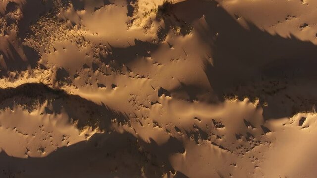 Aerial view of sand dune textures and shadows in the arid region of the Northern Cape, South Africa