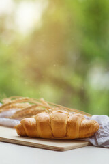 Crispy fresh croissant and wheat ears with a white towel in the background lie on a wooden stand on a white wooden background in an outdoor garden. Clean food concept, close up, copy space.