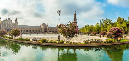 A panorama view across the Plaza de Espana in Seville, Spain in the stillness of the early morning in summertime