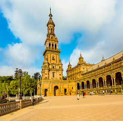 A view of the northern side of the Plaza de Espana in Seville, Spain in the stillness of the early morning in summertime