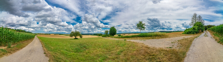 Fototapeta na wymiar Panorama on some rural fields, with a blue sky and some clouds on it