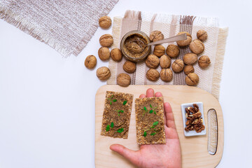 sandwiches with pasta walnuts butter. view from the top lay flat. vegetarian cuisine, snacks