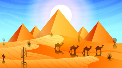 Abstract Orange Desert Background Silhouette With Cactus Pyramids And Camel Vector Design Style Nature