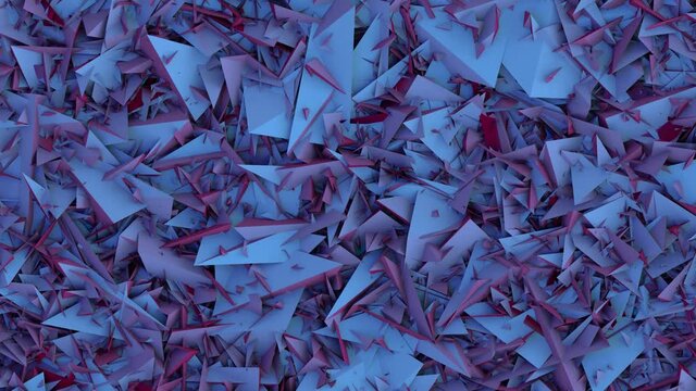 Animowane tr&oacute;jkąty 3D. Przenikjące się wzajemnie. Zanikające na końcu animacji na niebieskim tle. Kolorystyka błękito fioletowa.