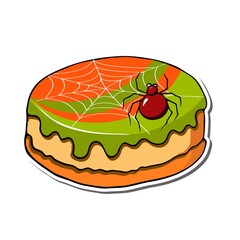 Cake with spider and web for Halloween party. Isolated objects of colorful treats on a white background. Vector illustration  Cartoon style. Decor for poster, invitation, postcard, textiles.