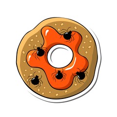 Donut and spiders for Halloween party. Isolated objects of colorful treats on a white background. Vector illustration  Cartoon style. Decor for poster, invitation, postcard, textiles.