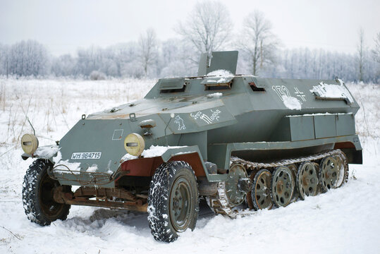 RUSSIA, ST.PETERSBURG - JANUARY 14, 2018: SdKfz 251, Sonderkraftfahrzeug 251 - German medium half-track armored personnel carrier of the Second World War, close-up on a winter day