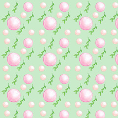 pattern of balls and leaves on a green background that can be used as a print for fabric or wrapping paper