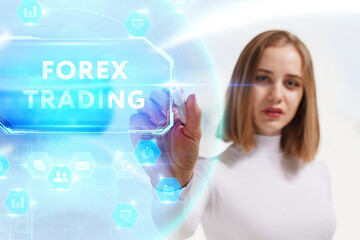 Business, Technology, Internet and network concept. Young businessman working on a virtual screen of the future and sees the inscription: Forex trading