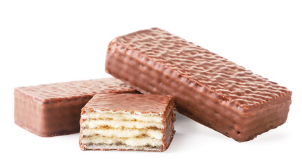 Waffle in chocolate and half on a white background. Isolated