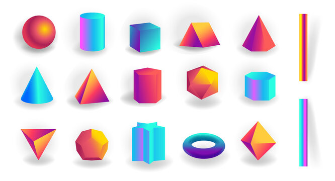 Set of 3d geometric shapes and editable strokes with holographic gradient isolated