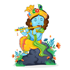 Illustration of happy janmashtami birthday of lord krishna, festival of india. Lord krishna playing bansuri in a garden on white background.