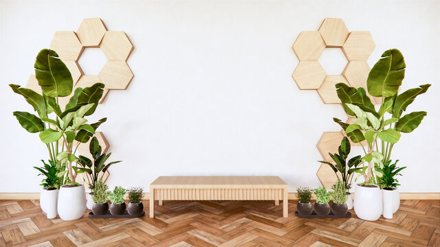 wooden low table  with wooden hexagon tiles on wall and decoration plants.3D rendering