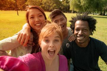 Obraz premium Selfie of a happy group of friends during summertime