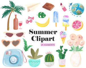 Summer Stickers Set, Gouache Art. Polaroid camera, palm tree, wine, sunglasses  and cactus pot, ice crram drawing. Vacation clipart for travel planner.