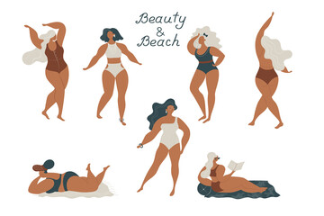 Beauty and beach. Body positive. woman in swimsuit.Vacation mood, feminine concept illustration, beautiful women in different situations, on the beach, sitting near the pool, reading books. Flat style