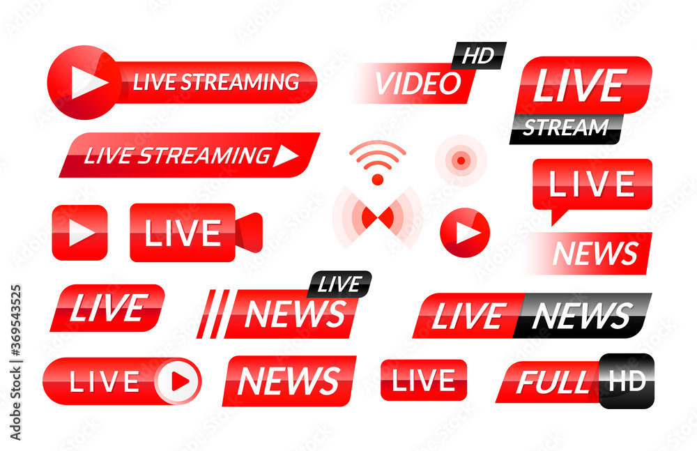 Poster Broadcast icons. Web and mobile video translation buttons and banners for live news and stream broadcasting. Vector red online player UI elements set