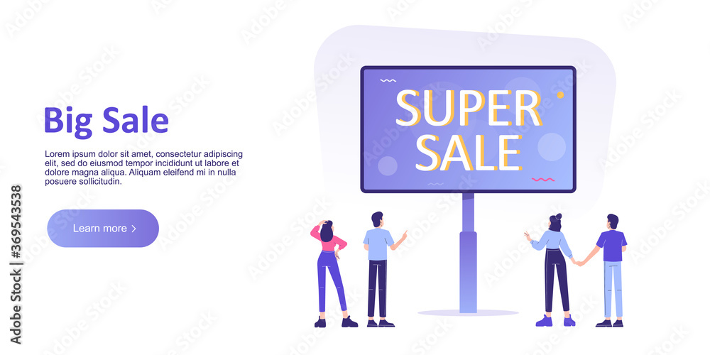 Wall mural Big sale and special offer concept for web banner and website. People looking at big sale banner or billboard. Business promotion. Landing page template. Modern flat vector illustration