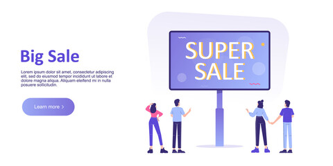 Big sale and special offer concept for web banner and website. People looking at big sale banner or billboard. Business promotion. Landing page template. Modern flat vector illustration