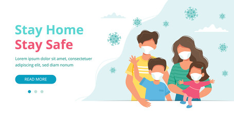 Stay home concept. Family wearing face masks at home in quarantine, landing page or banner template. Coronavirus outbreak concept. illustration in flat style