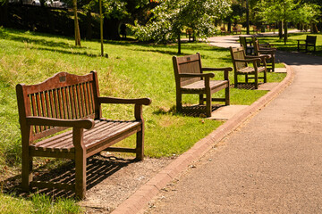 Empty wooden seats in a public park on a sunny summer's day