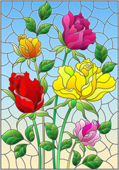Illustration in stained glass style with a bouquet of roses on a blue background