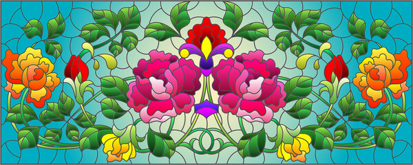Illustration in stained glass style with bright intertwined roses on a blue background, horizontal orientation