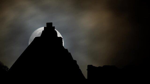 Pyramid of the Magician in Uxmal, Time Lapse by Night with Full Moon, Mexico