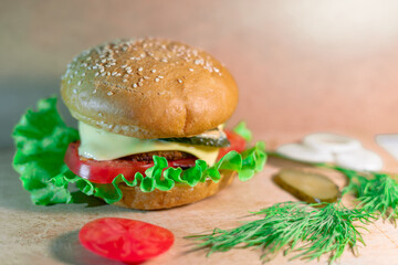 Juicy hamburger and chopped vegetables on the table