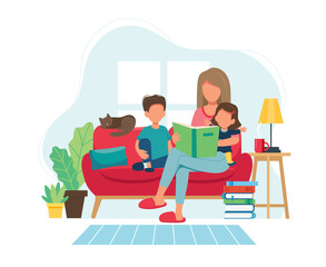 Stay home concept. Mother reading to kids in cozy modern interior. illustration in flat style