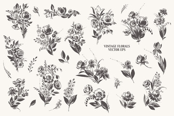 Fototapeta premium Hand drawn floral bouquetes with roses, dahlia, poppy, berries leaves in black ink.