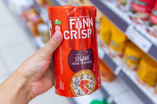 Tyumen, Russia-August 01, 2020: Finn Crisp thin sourdough rye bread finn crisp is included in Lantmannen cerealia