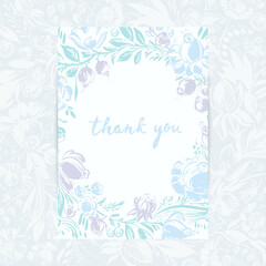 Hand drawn floral thank you card with roses, dahlia, poppy, berries, marigold, leaves in blue, purple and mint