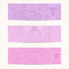 Hand drawn floral horizontal banners with roses, dahlia, poppy, iris, marigold,