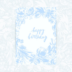 Hand drawn floral frame with roses, dahlia, poppy, berries leaves in light blue