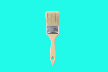 Painting brush close-up on  turquoise background. Isolate.