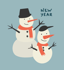 Vector illustration of a two snowman with red scarfs on a blue background.