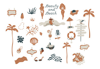 Fototapeta premium Beach object set.Summer holidays tropical beach vacation accessories set with surfboard suncream sunglasses gull icecream palms tropical cocktail. vector illustration flat.Beatiful woman and waves
