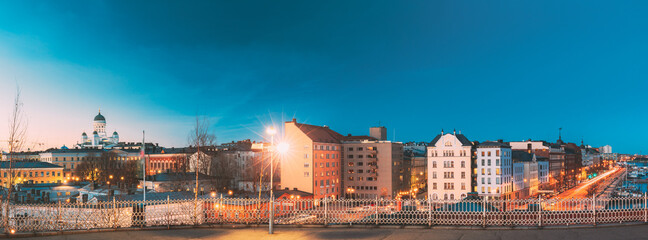 Helsinki, Finland. Panoramic View Of Helsinki Cathedral And Pohjoisranta Street In Evening Illuminations