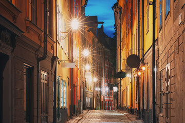 Stockholm, Sweden. Night View Of Traditional Stockholm Street. Residential Area, Cozy Street In...