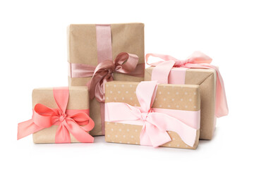 set of beautiful handmade gift boxes with pink ribbons. holidays, birthday, new year, mother's day