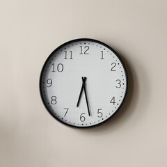 Round white modern clock showing half past six