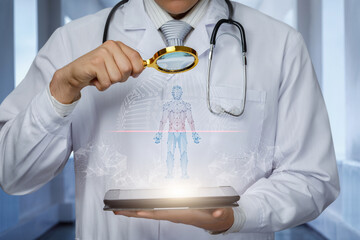 The doctor uses a magnifying glass to examine the patient .