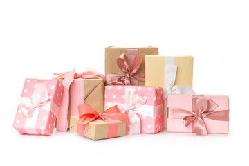 set of beautiful handmade gift boxes with pink ribbons. holidays, birthday, new year, mother's day