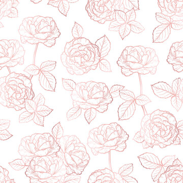 Roses Flowers Vector Outline. Rose Gold Flower And Leaves Seamless Pattern. Pink Floral Vintage Background
