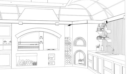 barbecue area, contour visualization, 3D illustration, sketch, outline