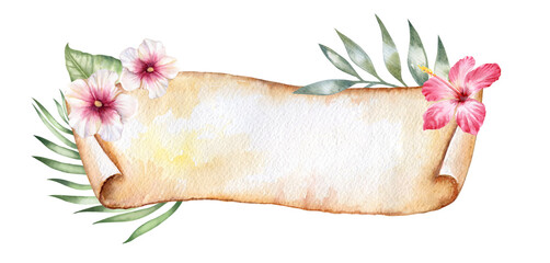 Banner and tripical leavs, flowers hibiskus. Poster, flyer. Vintage paper. Floral frame. Yellow roll of paper. Papyrus. Watercolor. illustration.  Illustration. Template. Clip art. Greeting card desig © Yuliia