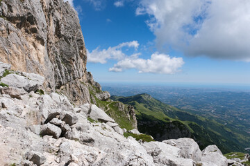 path that leads to the great horn of the mountain area of the gran sasso d'italia with a view of the marine coast of teramo